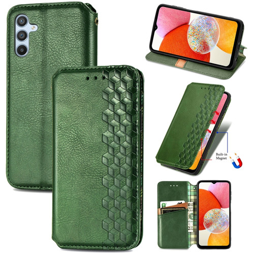 Cubic Grid Pressed Magnetic Leather Phone Case for Samsung Galaxy A14 5G - Green