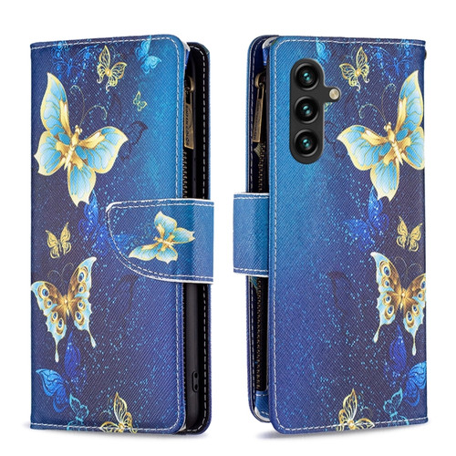 Colored Drawing Pattern Zipper Leather Phone Case for Samsung Galaxy A14 5G - Gold Butterfly