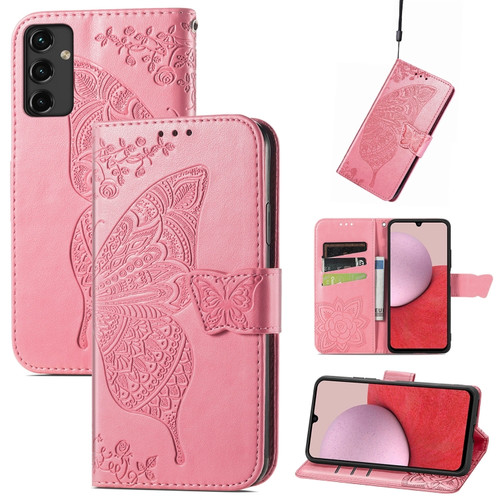 Butterfly Love Flower Embossed Leather Phone Case for Samsung Galaxy A14 5G - Pink