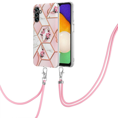 Splicing Marble Flower IMD TPU Phone Case with Lanyard for Samsung Galaxy A14 5G - Pink Flower