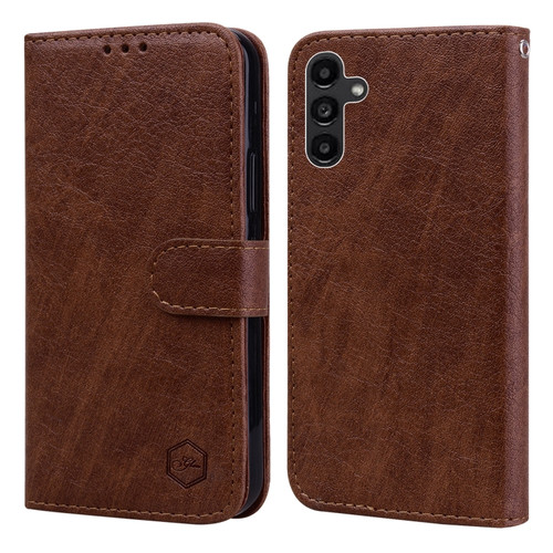 Skin Feeling Oil Leather Texture PU + TPU Phone Case for Samsung Galaxy A14 5G - Brown