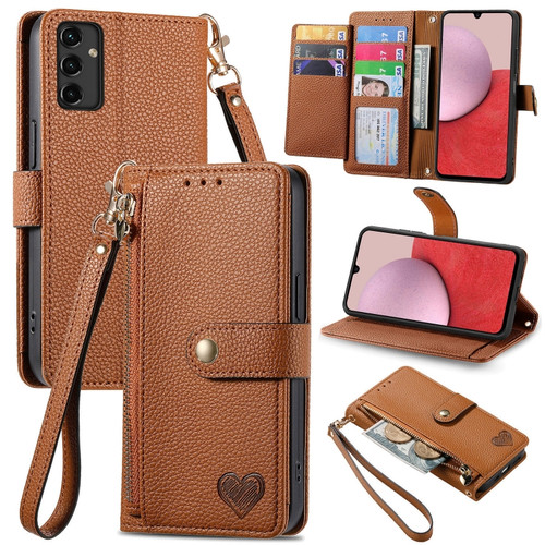 Love Zipper Lanyard Leather Phone Case for Samsung Galaxy A14 5G - Brown