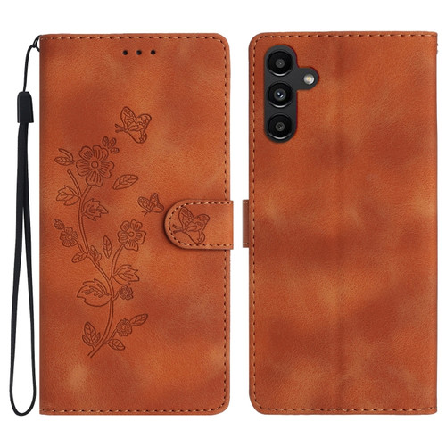 Flower Butterfly Embossing Pattern Leather Phone Case for Samsung Galaxy A14 5G - Brown