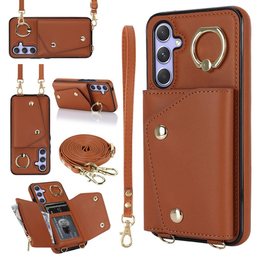 Zipper Card Bag Phone Case with Dual Lanyard for Samsung Galaxy A14 5G - Brown