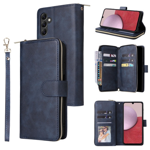 9 Card Slots Zipper Wallet Bag Leather Phone Case for Samsung Galaxy A14 5G - Blue