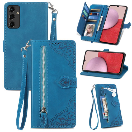 Embossed Flower Zipper Leather Phone Case for Samsung Galaxy A14 5G - Blue