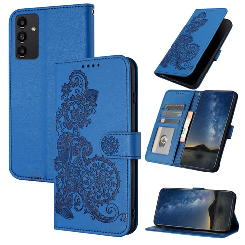 Datura Flower Embossed Flip Leather Phone Case for Samsung Galaxy A14 5G - Blue