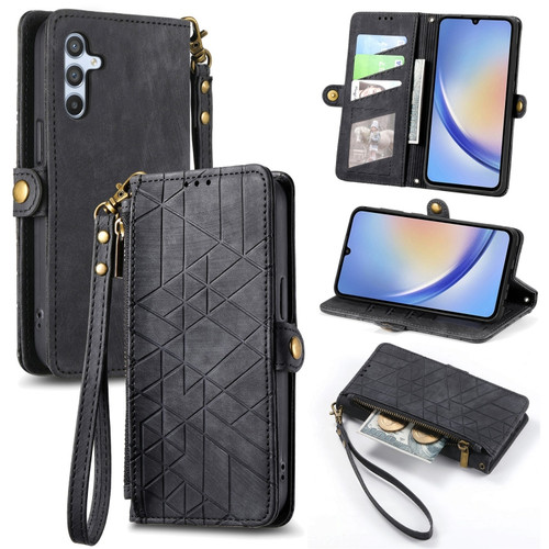 Geometric Zipper Wallet Side Buckle Leather Phone Case for Samsung Galaxy A14 5G - Black