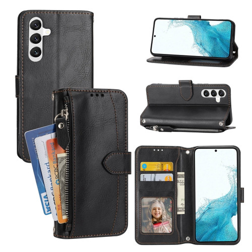 Oil Skin Zipper Wallet Leather Phone Case for Samsung Galaxy A14 5G - Black