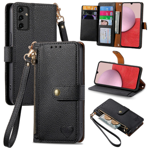 Love Zipper Lanyard Leather Phone Case for Samsung Galaxy A14 5G - Black