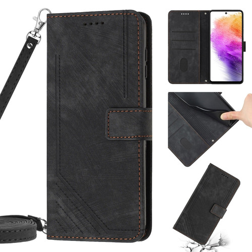 Skin Feel Stripe Pattern Leather Phone Case with Lanyard for Samsung Galaxy A14 5G - Black