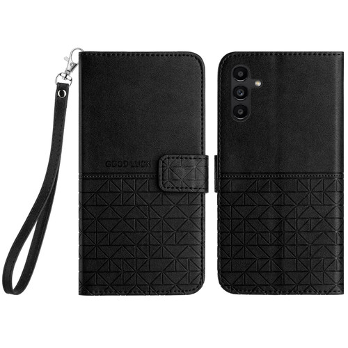 Rhombic Texture Leather Phone Case with Lanyard for Samsung Galaxy A14 5G - Black