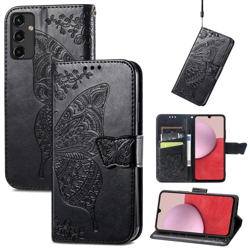 Butterfly Love Flower Embossed Leather Phone Case for Samsung Galaxy A14 5G - Black