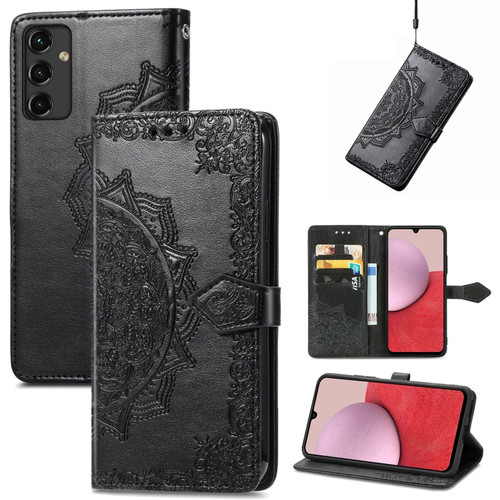 Mandala Flower Embossed Leather Phone Case for Samsung Galaxy A14 5G - Black
