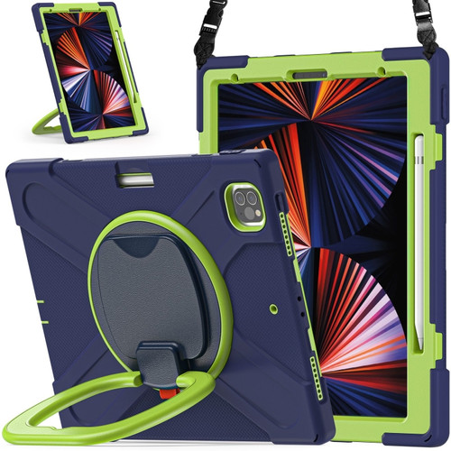 Silicone + PC Protective Tablet Case with Holder & Shoulder Strapfor iPad Pro 12.9 inch - Navy Blue + Lime