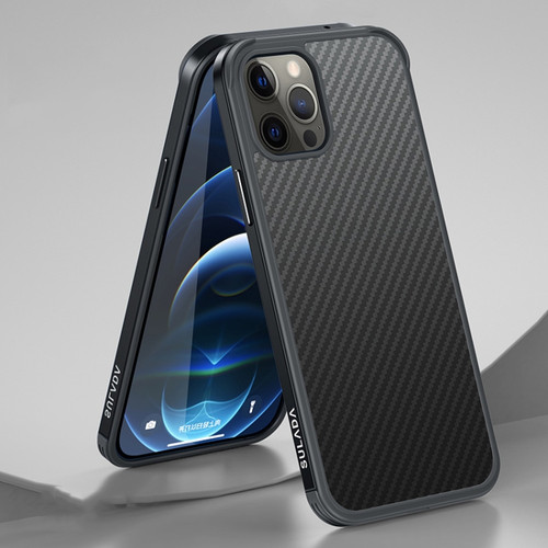 SULADA Luxury 3D Carbon Fiber Textured Shockproof Metal + TPU Frame Case for iPhone 12 Pro - Black