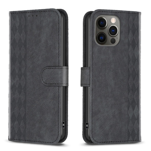 Plaid Embossed Leather Phone Case for iPhone 12 Pro - Black