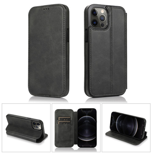 Strong Magnetic Closure PU + TPU Leather Case with Card Slots & Holder for iPhone 12 Pro - Black