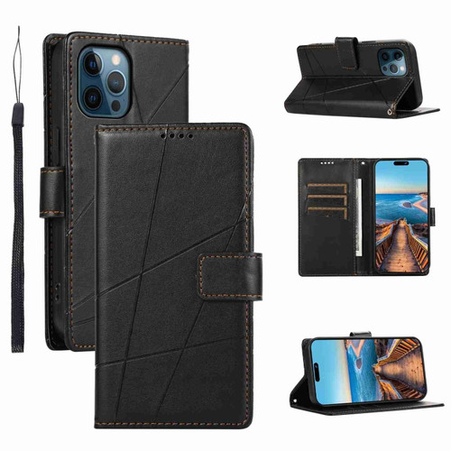 PU Genuine Leather Texture Embossed Line Phone Case for iPhone 12 Pro - Black