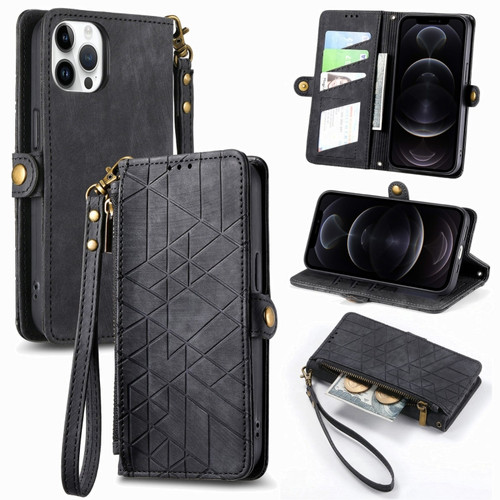 Geometric Zipper Wallet Side Buckle Leather Phone Case for iPhone 12 Pro - Black