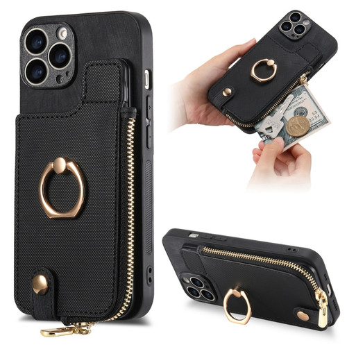 Cross Leather Ring Vertical Zipper Wallet Back Phone Case for iPhone 12 Pro - Black