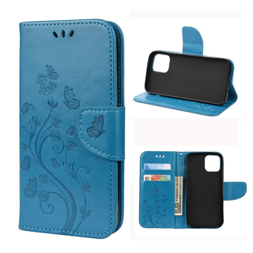 Butterfly Flower Pattern Horizontal Flip Leather Case with Holder & Card Slots & Wallet for iPhone 12 Pro - Blue