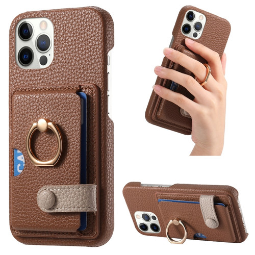 Litchi Leather Oil Edge Ring Card Back Phone Case for iPhone 12 Pro - Brown