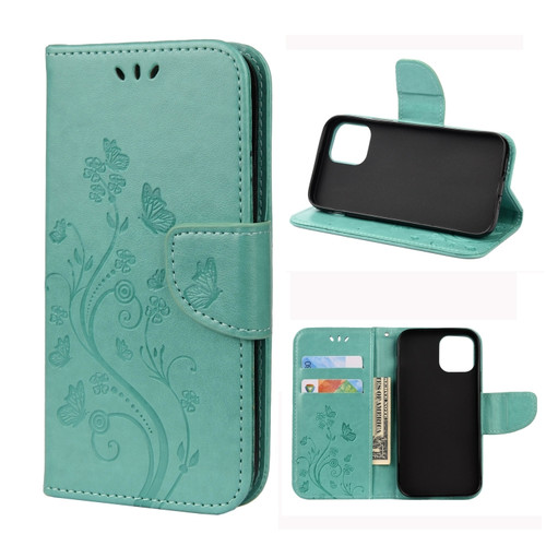 Butterfly Flower Pattern Horizontal Flip Leather Case with Holder & Card Slots & Wallet for iPhone 12 Pro - Green