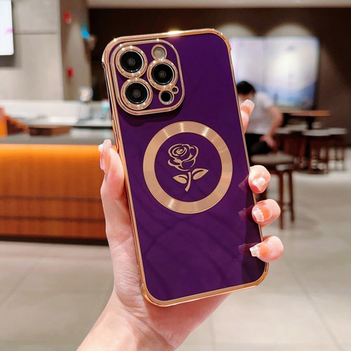 Electroplate Side Roses Flower MagSafe Phone Case for iPhone 12 Pro - Dark Purple