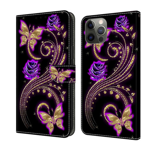 Crystal 3D Shockproof Protective Leather Phone Case for iPhone 12 Pro - Purple Flower Butterfly