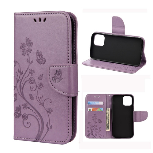 Butterfly Flower Pattern Horizontal Flip Leather Case with Holder & Card Slots & Wallet for iPhone 12 Pro - Light Purple