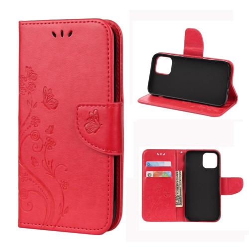 Butterfly Flower Pattern Horizontal Flip Leather Case with Holder & Card Slots & Wallet for iPhone 12 Pro - Red