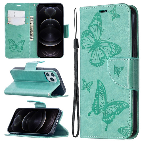 Embossing Two Butterflies Pattern Horizontal Flip PU Leather Case with Holder & Card Slot & Wallet & Lanyard for iPhone 12 Pro - Green