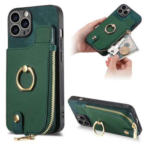 Cross Leather Ring Vertical Zipper Wallet Back Phone Case for iPhone 12 Pro - Green