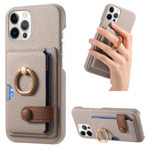 Litchi Leather Oil Edge Ring Card Back Phone Case for iPhone 12 Pro - Khaki