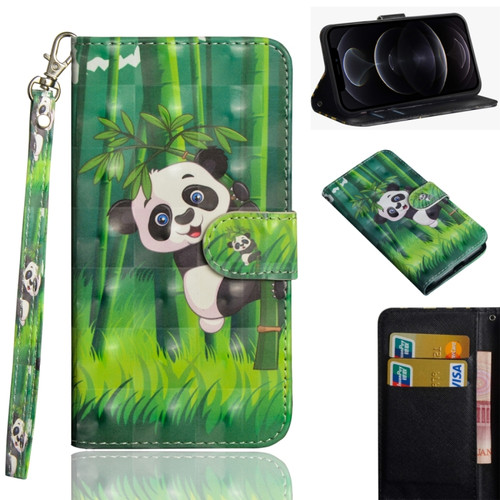 3D Painting Pattern Horizontal Flip TPU + PU Leather Case with Holder & Card Slots & Wallet for iPhone 12 Pro - Panda Climbing Bamboo