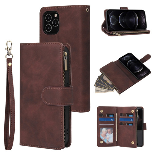 Multifunctional Retro Frosted Horizontal Flip Leather Case with Card Slot & Holder & Zipper Wallet & Photo Frame & Lanyard for iPhone 12 Pro - Coffee