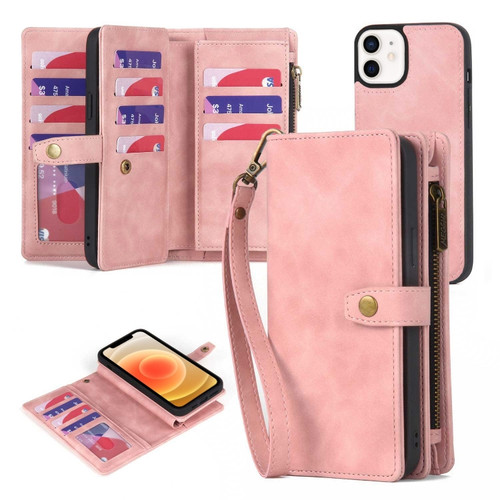 Zipper Wallet Detachable MagSafe Leather Phone Case for iPhone 12 Pro - Pink