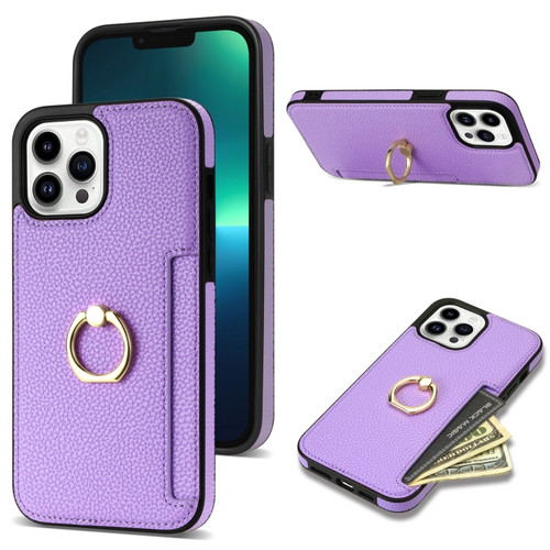 Ring Card Litchi Leather Back Phone Case for iPhone 12 Pro - Purple