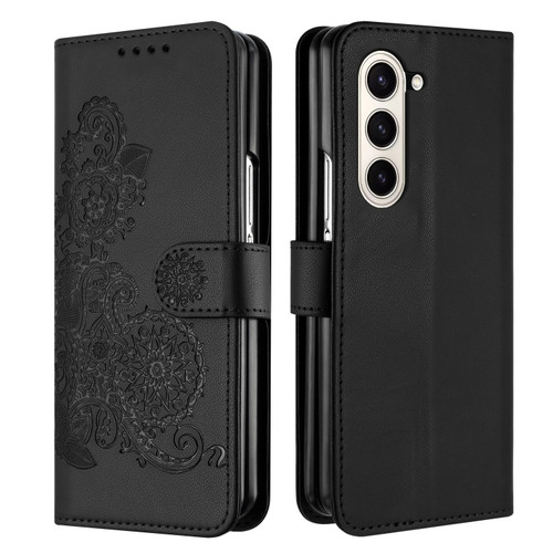 Datura Flower Embossed Flip Leather Phone Case for Samsung Galaxy Z Fold5 5G - Black