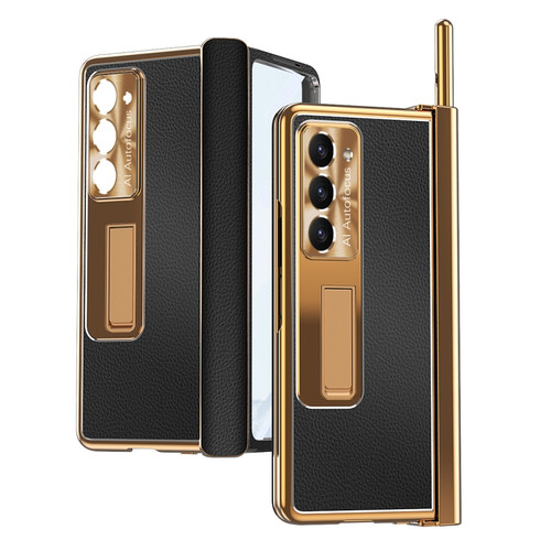 Litchi Pattern Magnetic Shell Film Integrated Shockproof Phone Case for Samsung Galaxy Z Fold5 5G - Black Gold