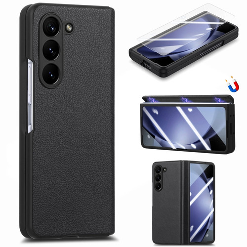 Litchi Integrated Film Electroplated Magnetic Hinge Leather Phone Case for Samsung Galaxy Z Fold5 5G - Black