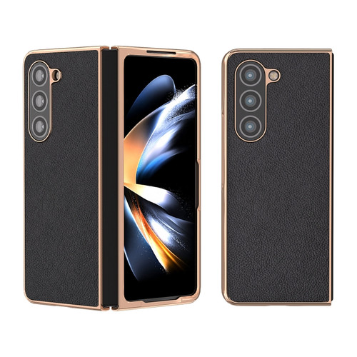 Nano Electroplating Genuine Leather + PC Litchi Texture Phone Case for Samsung Galaxy Z Fold5 5G - Black