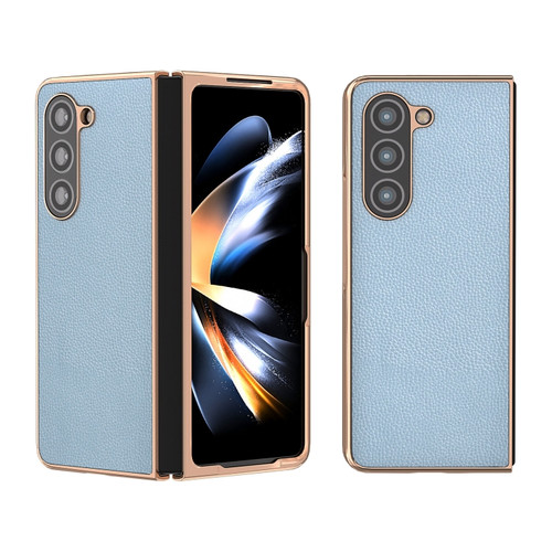 Genuine Leather Mino Series Nano Plating Phone Case for Samsung Galaxy Z Fold5 5G - Blue