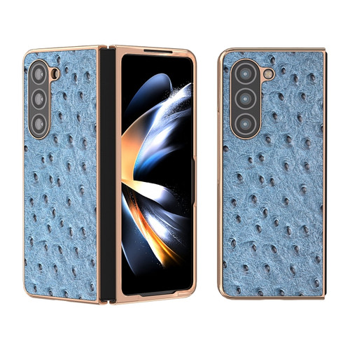 Genuine Leather Ostrich Texture Series Nano Plating Phone Case for Samsung Galaxy Z Fold5 5G - Blue
