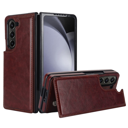 Full Coverage Fold Double Buckle PU Phone Case for Samsung Galaxy Z Fold5 5G - Brown