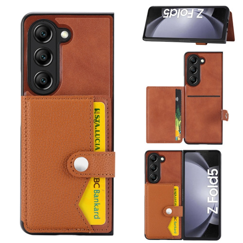 Litchi Pattern Single Button Card Holder Phone Case for Samsung Galaxy Z Fold5 5G - Brown