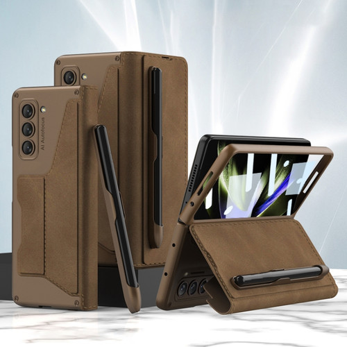 GKK Screen Tempered Glass Film Armor Flip Leather Case with Pen Slot for Samsung Galaxy Z Fold5 5G - Brown