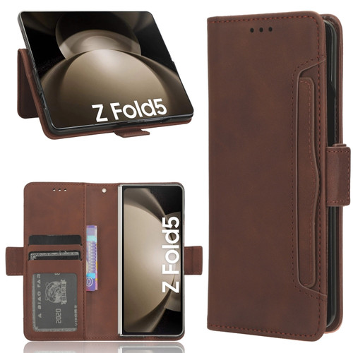 Skin Feel Calf Texture Card Slots Leather Phone Case with Pen Slot for Samsung Galaxy Z Fold5 5G - Brown