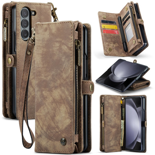 CaseMe 008 Multifunctional Zipper Wallet Phone Leather Case for Samsung Galaxy Z Fold5 5G - Brown